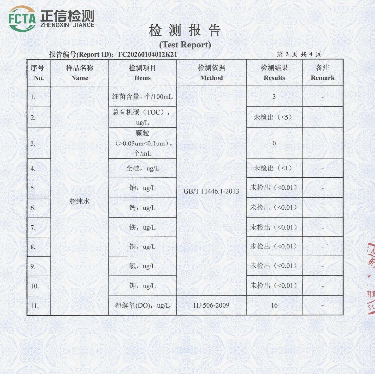 超纯水检测报告2026