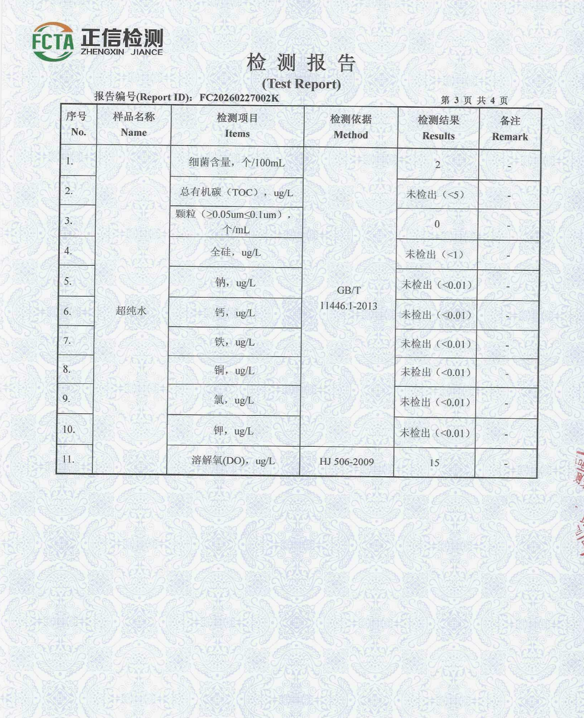 超纯水检测报告2026年3月，仟净提供。